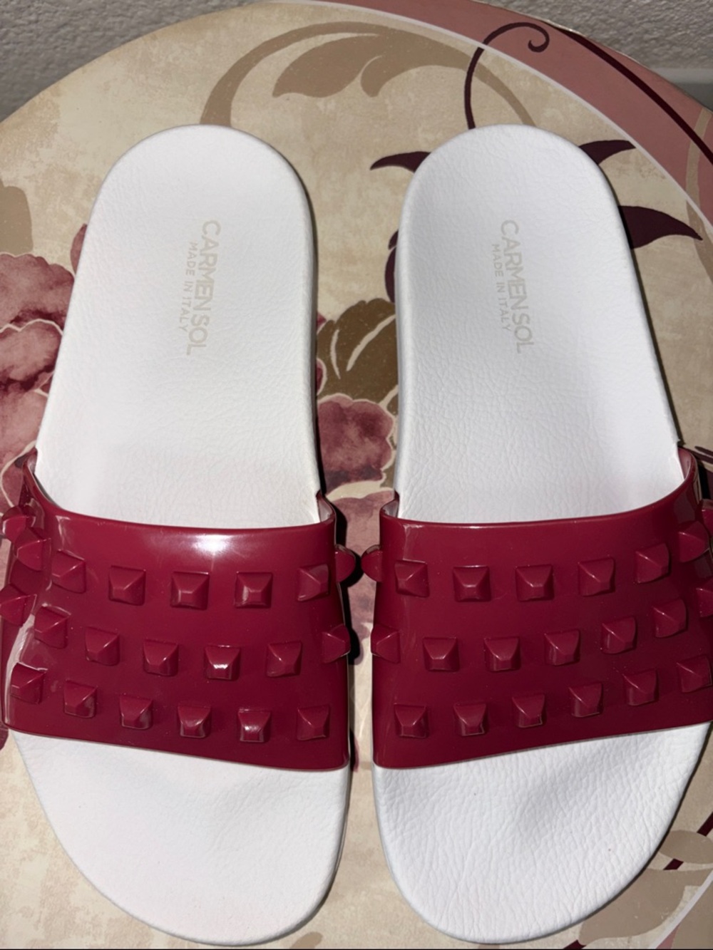 Carmen Sol Red Studded Slide Sandals - White Footbed